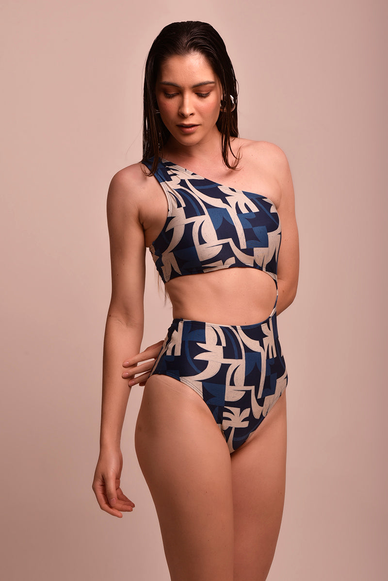 Seaside Cutout Off & Blue One Shoulder Bodysuit - Removable Padding