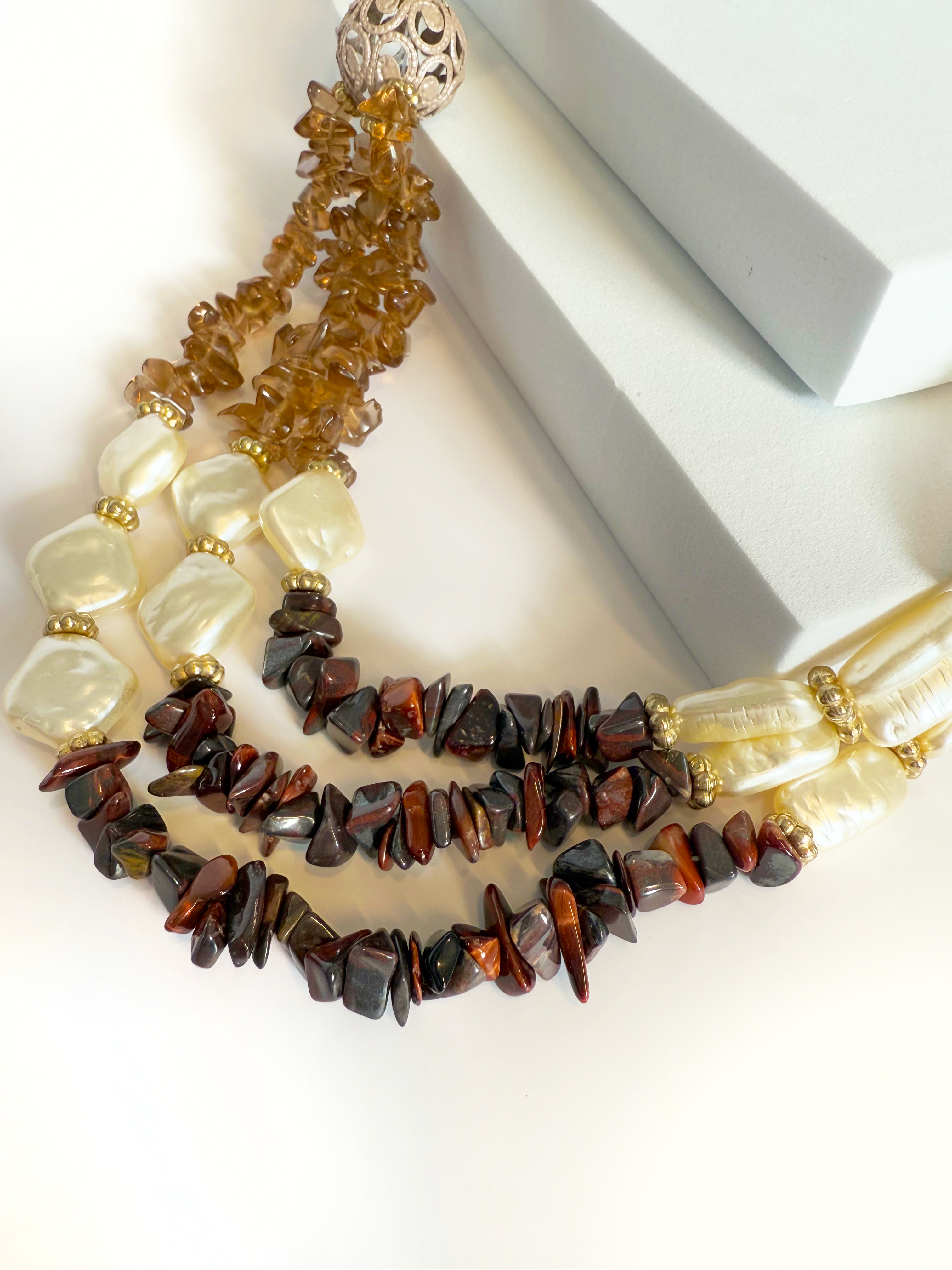 Three Layer Elemental Necklace - Gravel and Pearls Handmade & Adjustable
