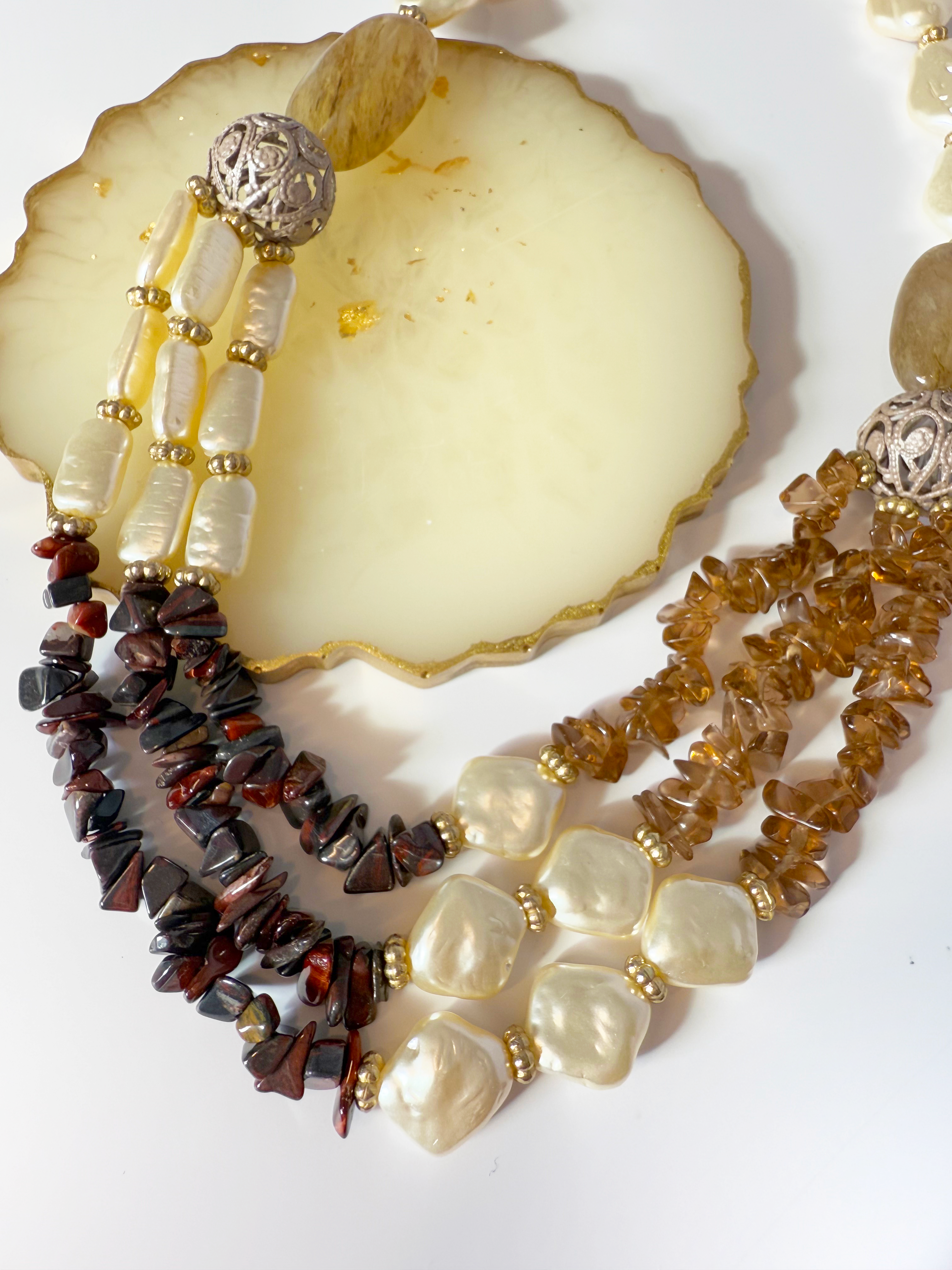 Three Layer Elemental Necklace - Gravel and Pearls Handmade & Adjustable