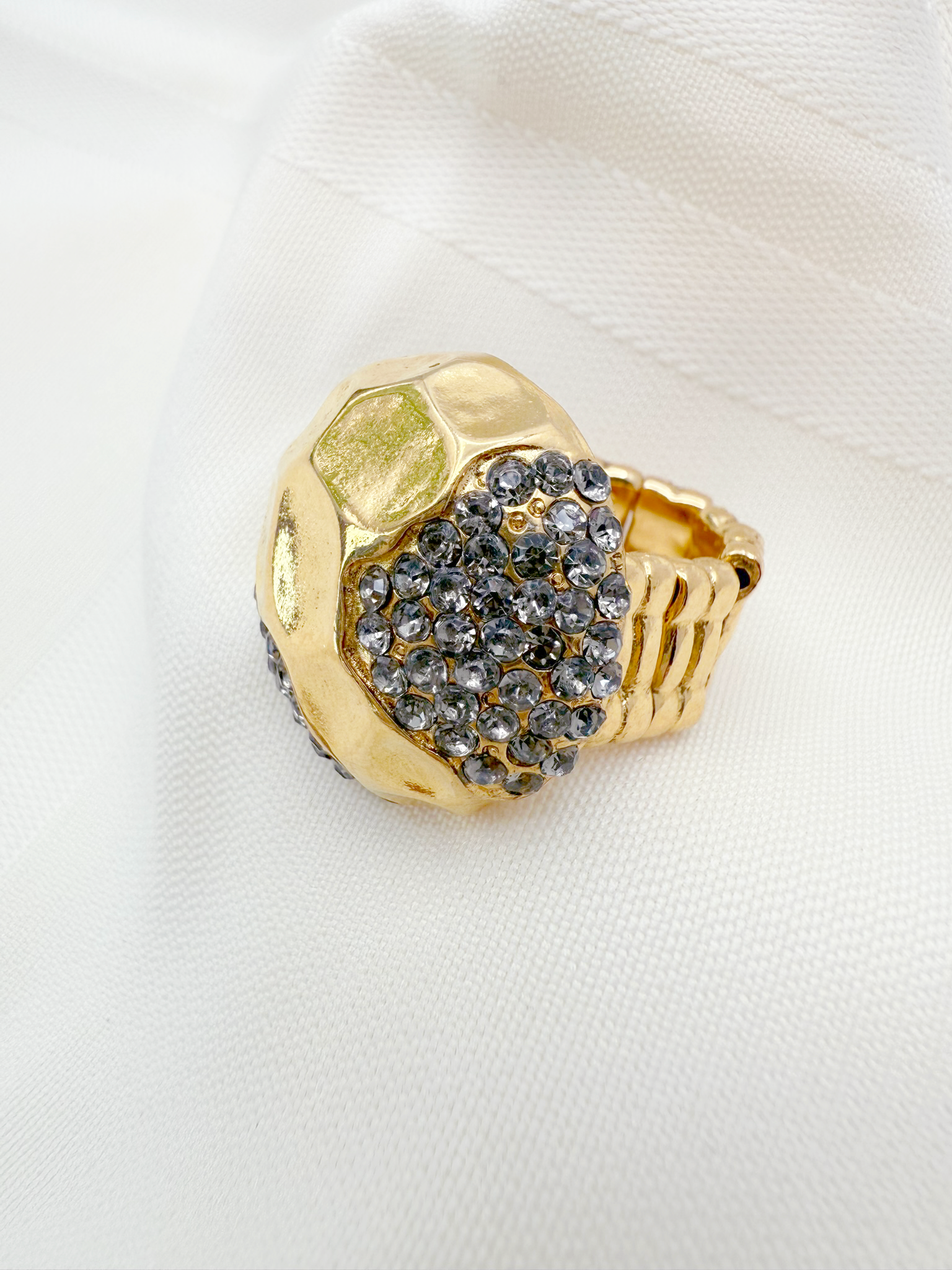 Sculpted Gold & Crystal Dome Ring – Adjustable Statement Piece