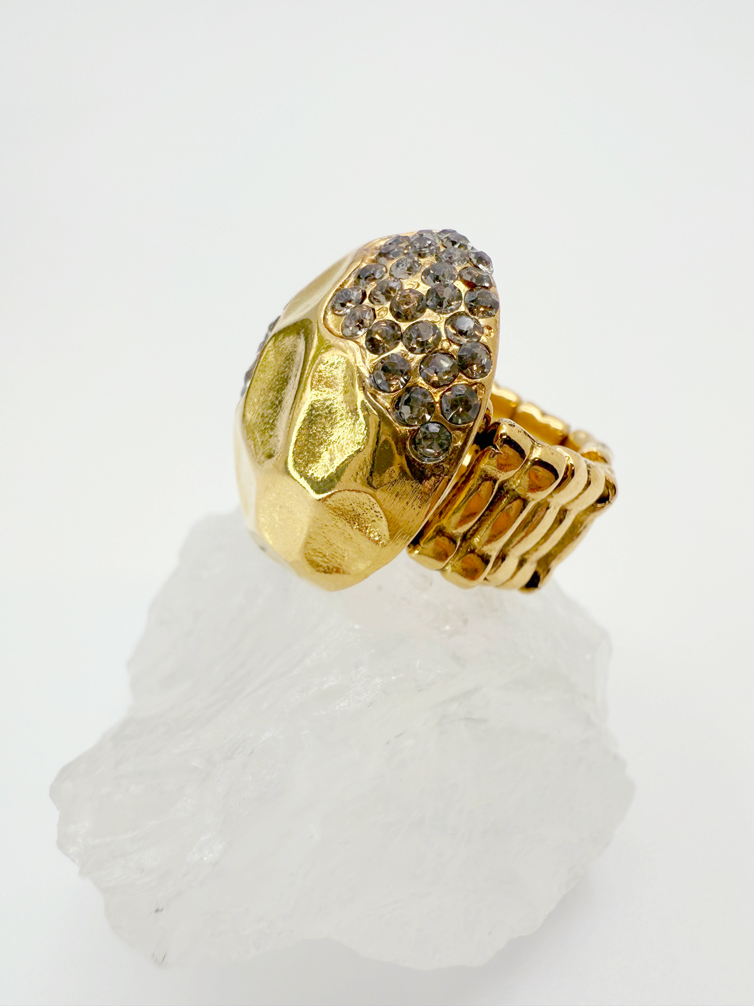 Sculpted Gold & Crystal Dome Ring – Adjustable Statement Piece