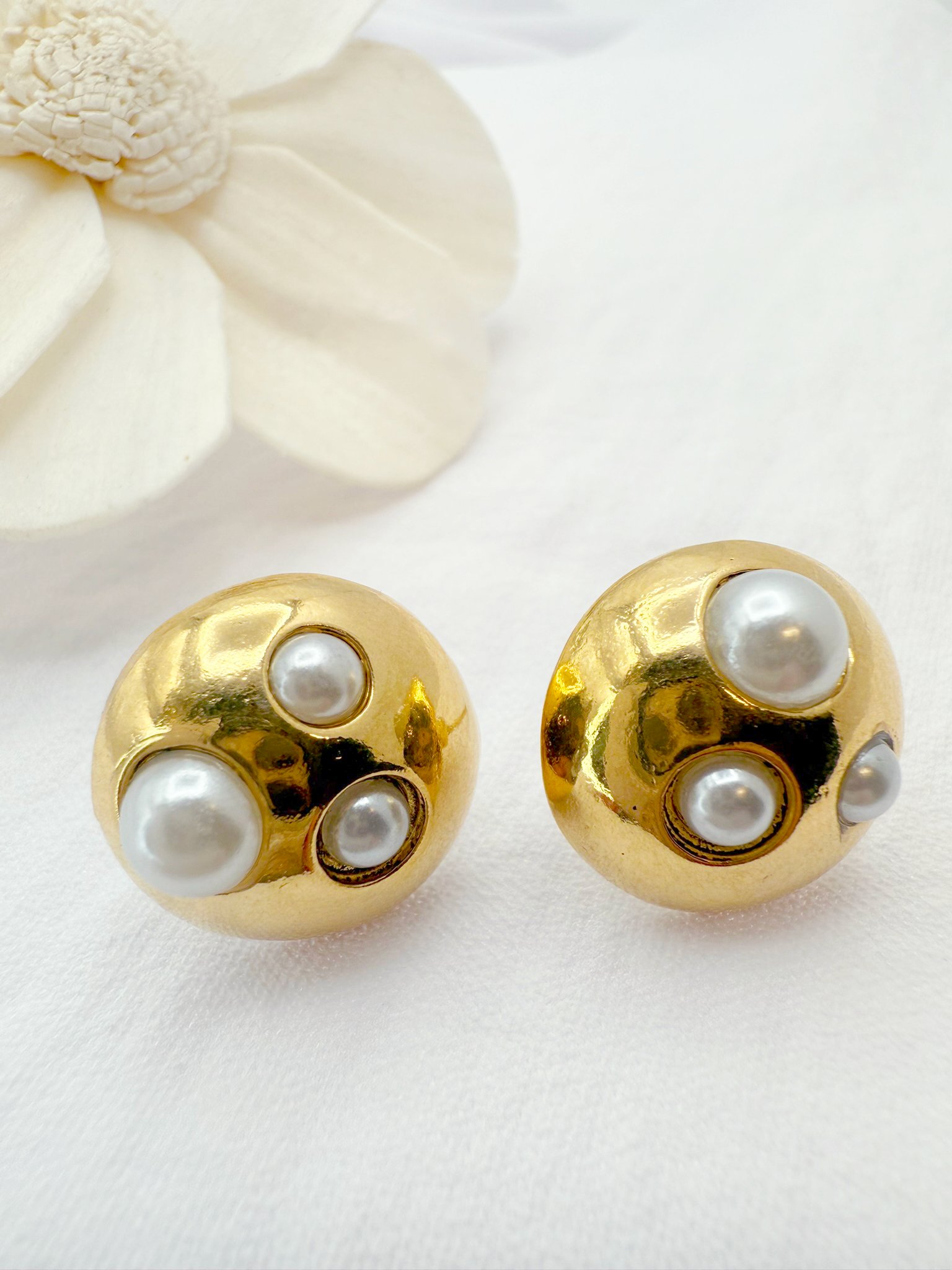 Gold & Pearl Dome Stud Earrings – Elegant & Timeless Design