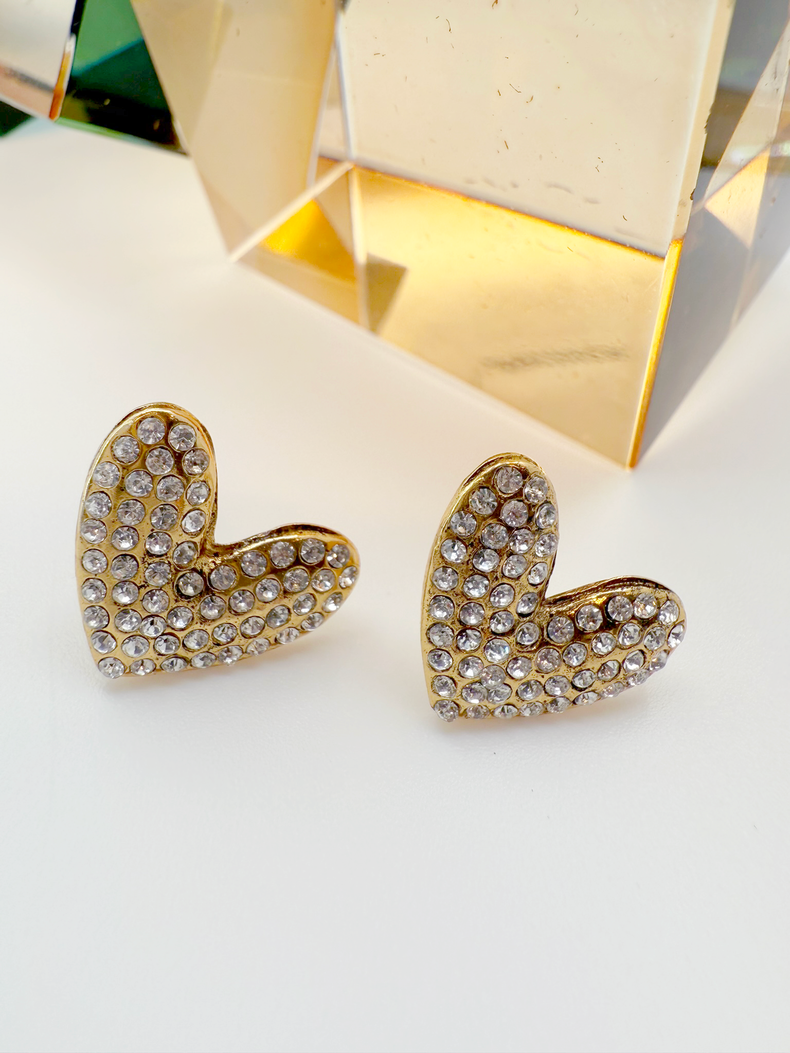 Lustrous Love Earrings – Gold-Plated Hearts with Crystals