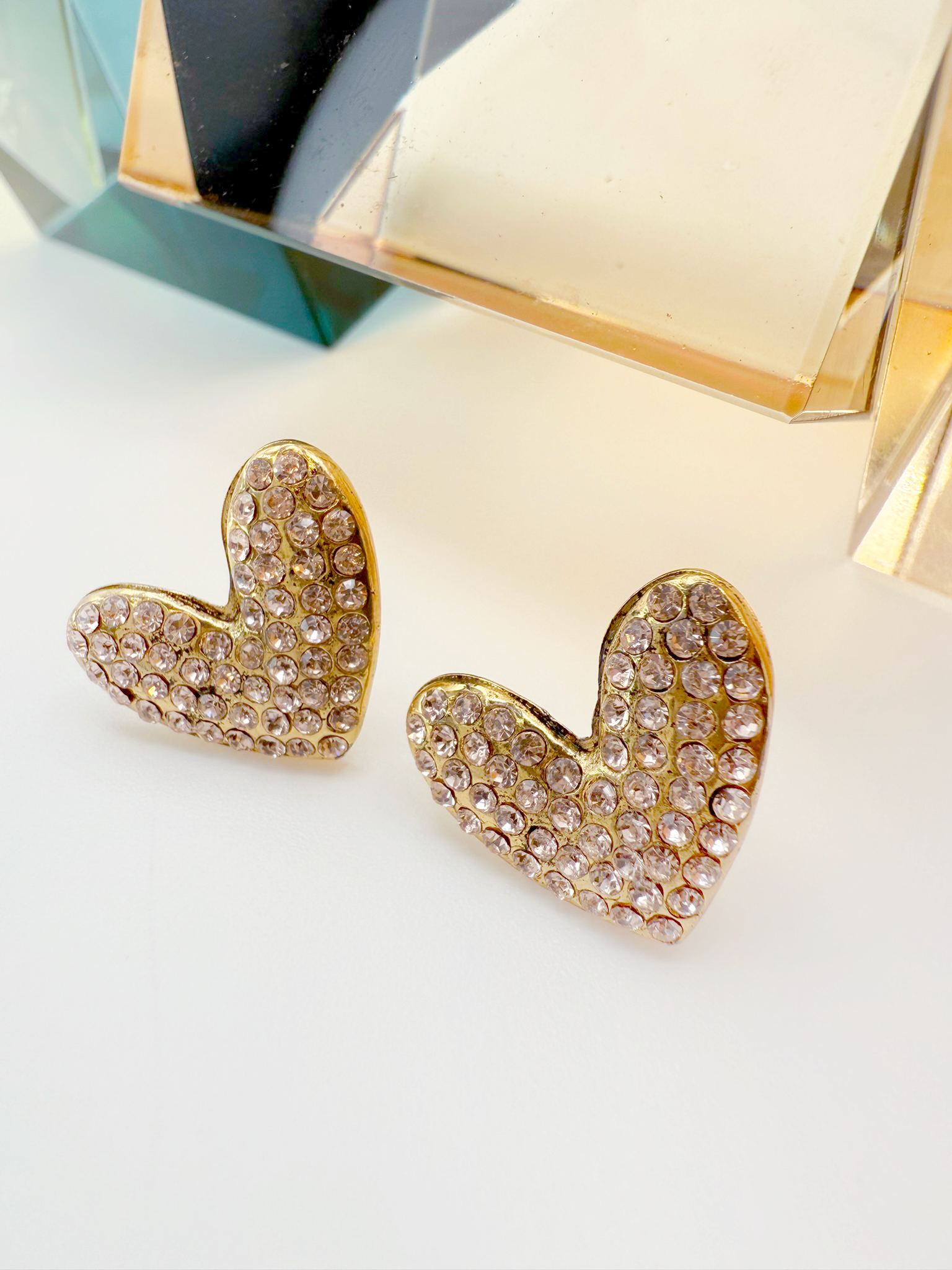 Lustrous Love Earrings – Gold-Plated Hearts with Crystals