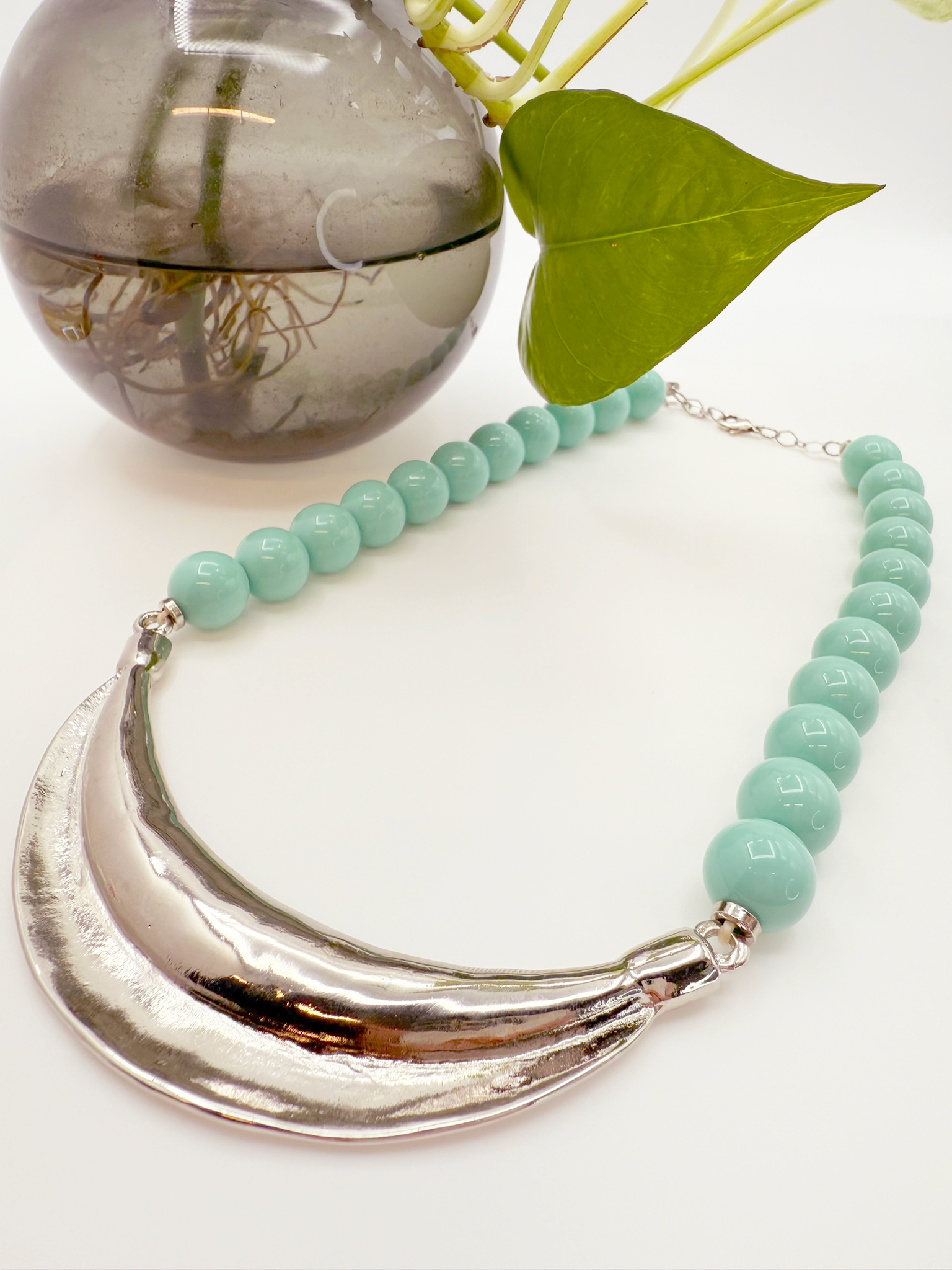 Lunar Tide Statement Adjustable Necklace – Silver & Aqua Beads