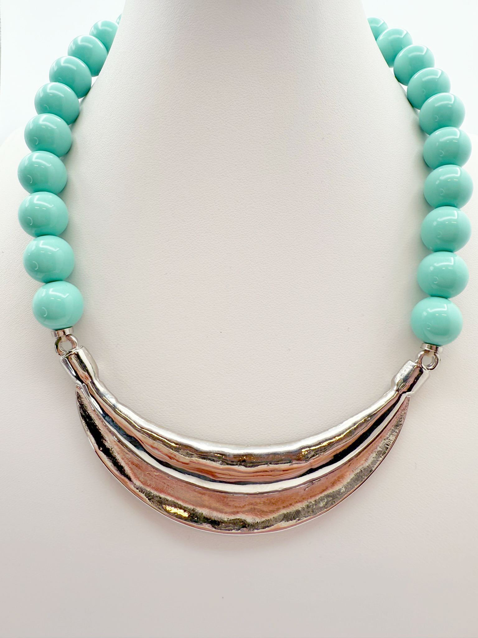 Lunar Tide Statement Adjustable Necklace – Silver & Aqua Beads