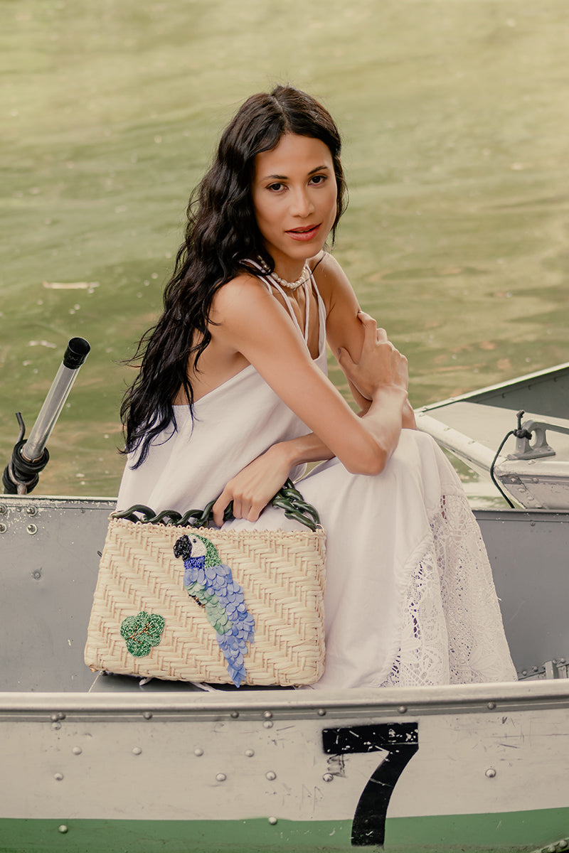 Parrot Paradise Handcrafted Bag – Natural Straw Fiber with Embellished Sequins and Resin Handle