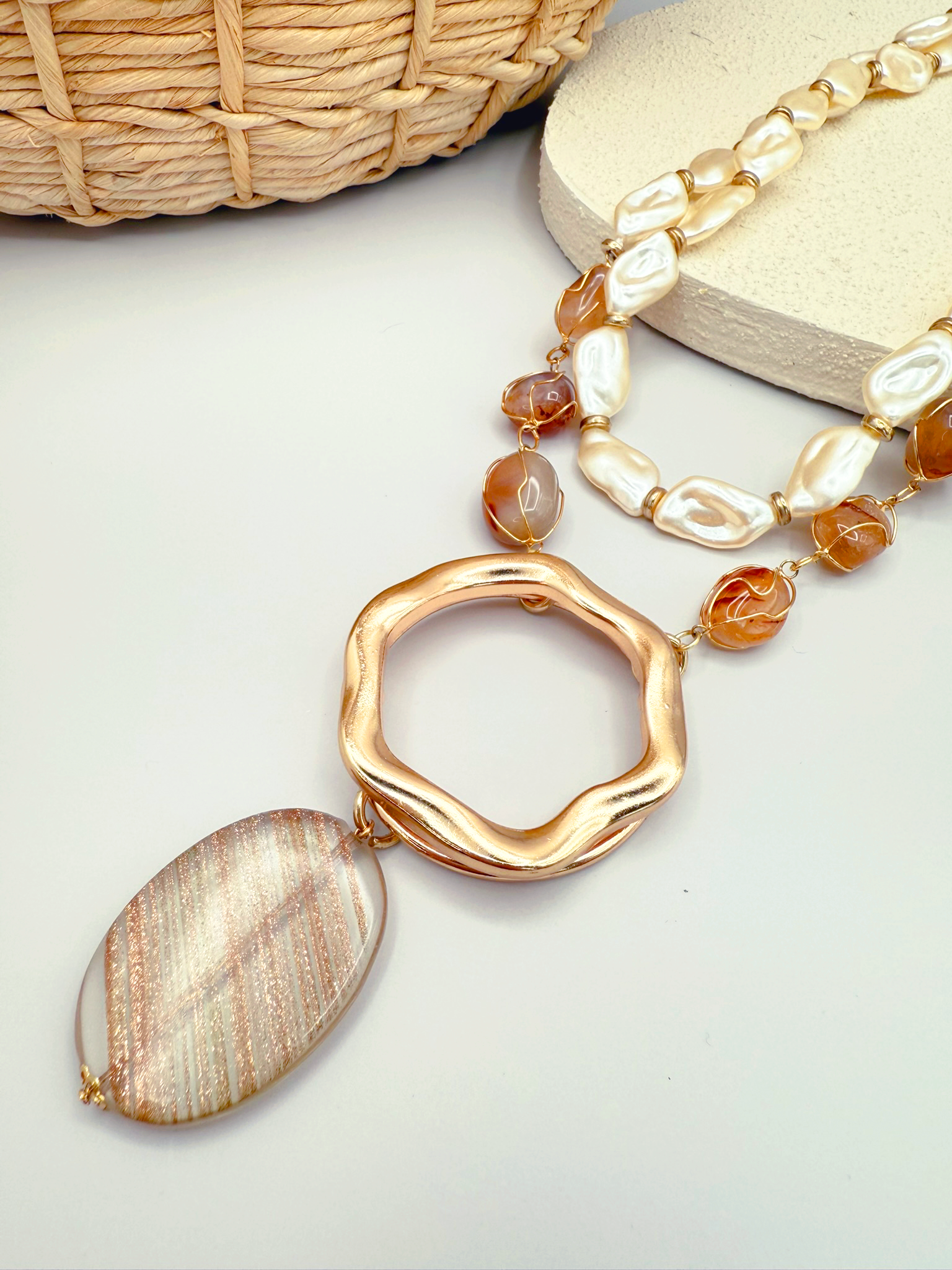 Dual Nature Necklace – 18K Gold-Plated Medallion with Agates, Pearls, and Quartz