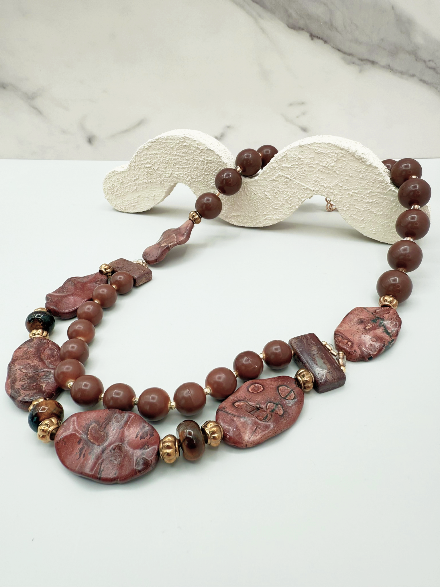 Jasper Trail Necklace – Earthy Elegance in Jasper, Tiger’s Eye, and Mocha Mousse Resin