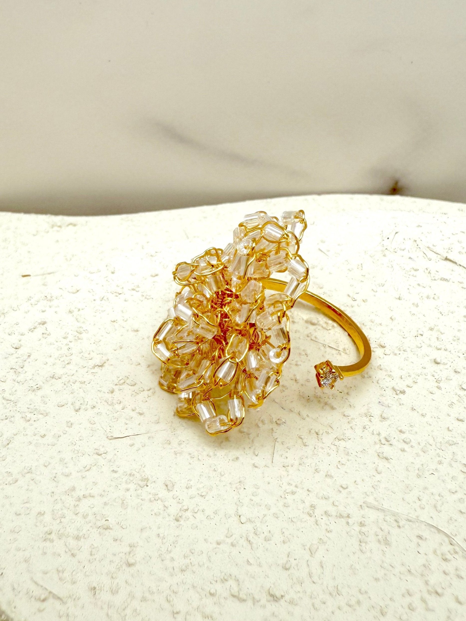 Radiant Crochet Adjustable Ring - Handcrafted with Czech Crystal