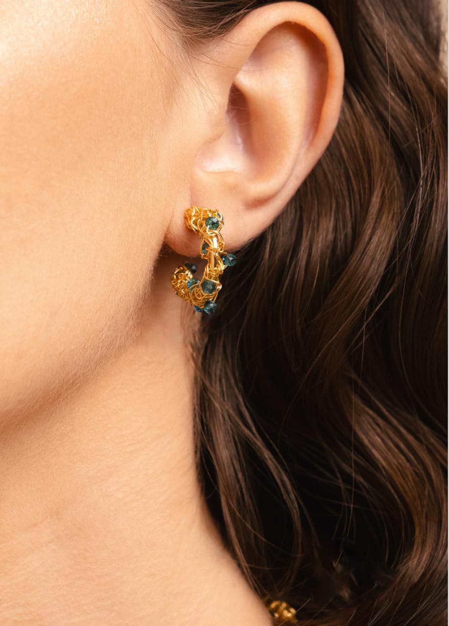 Azure Mirage Gold Hoop – Handmade 18K Gold-Plated Crochet Earrings with Blue Crystal Details