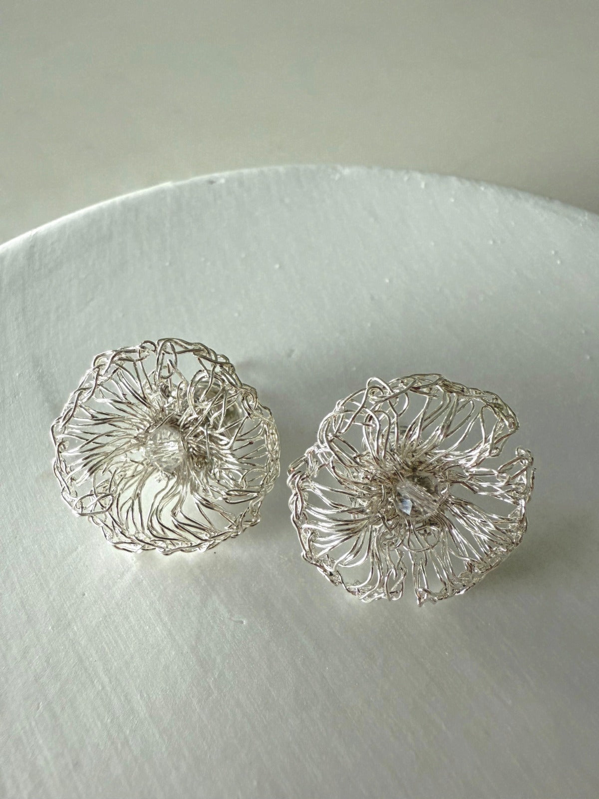 Moonlight Silver Bloom Earrings – Handmade Crochet Design