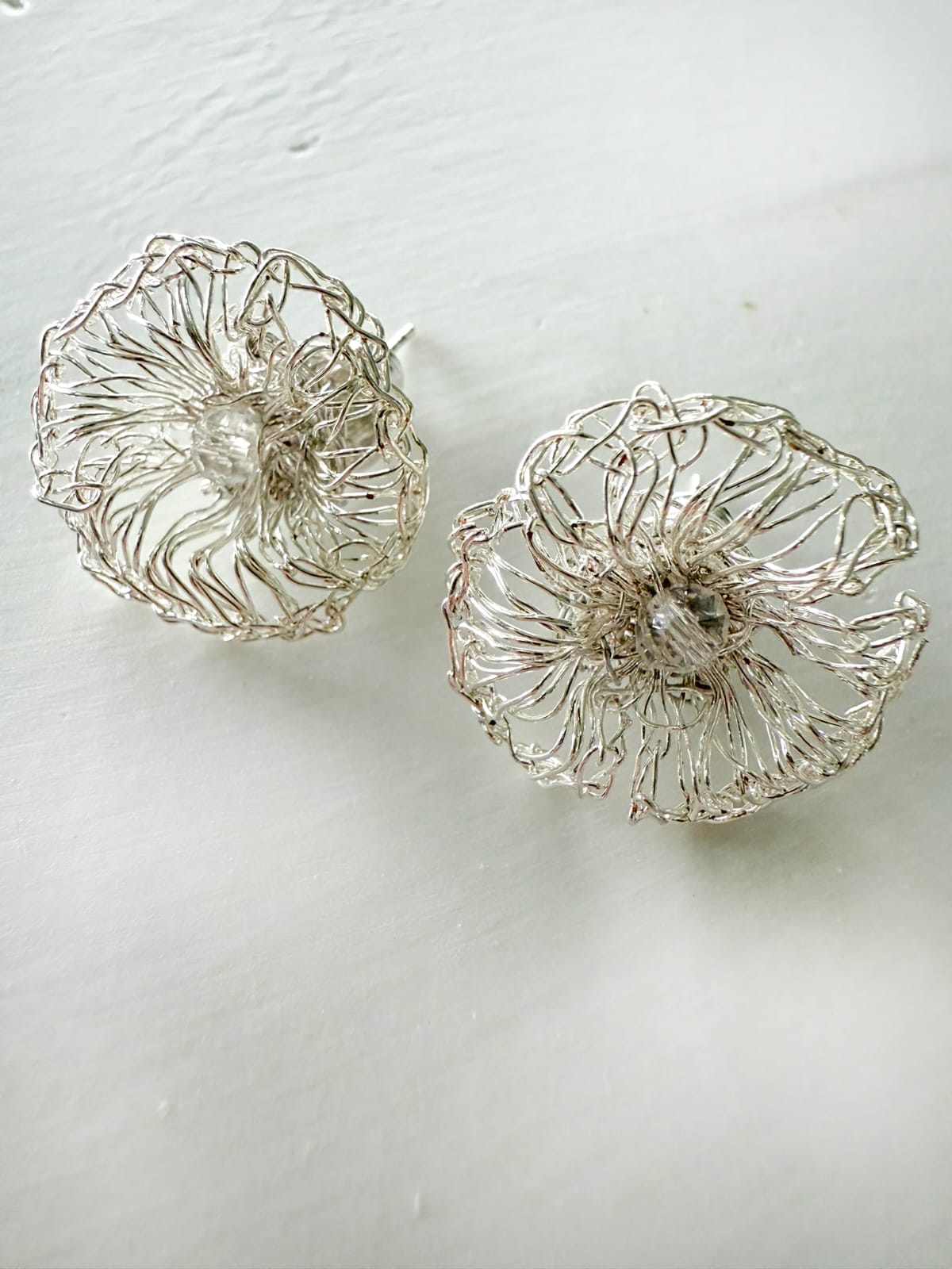 Moonlight Silver Bloom Earrings – Handmade Crochet Design