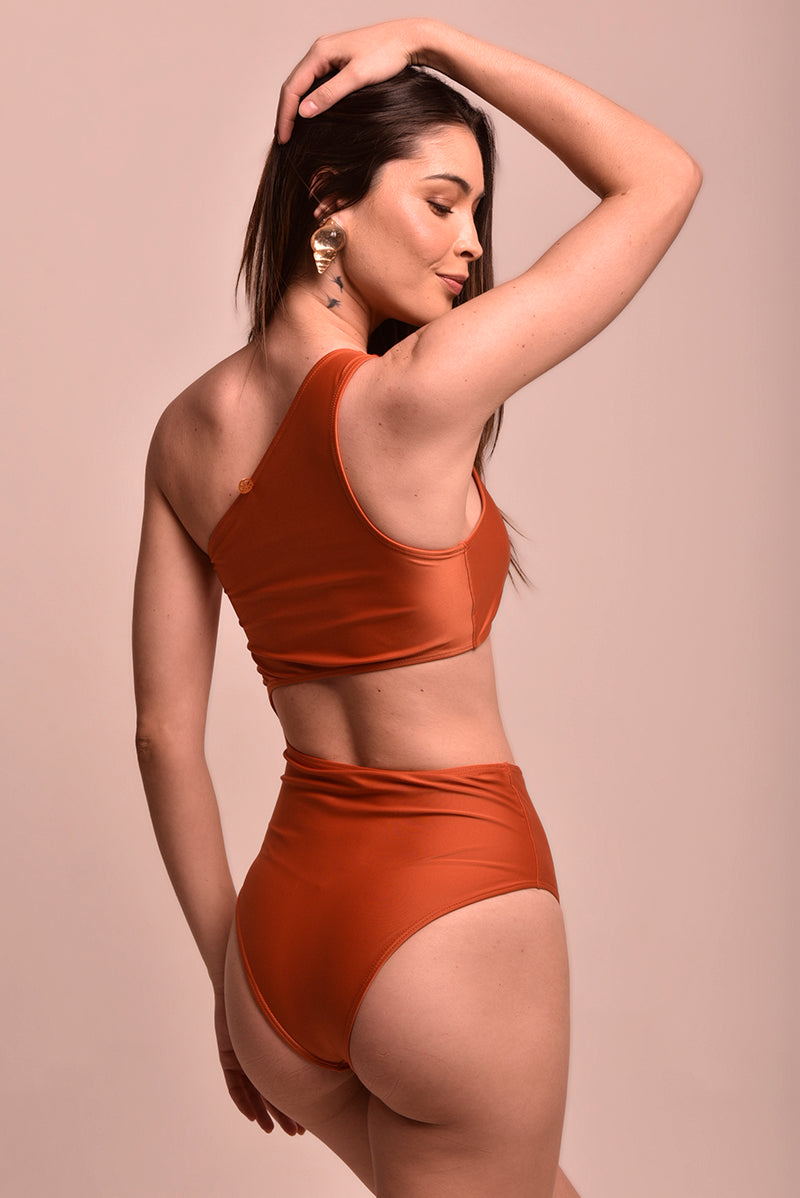 Seaside Cutout Terracotta One Shoulder Bodysuit - Removable Padding