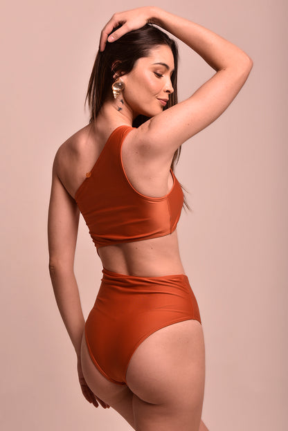 Seaside Cutout Terracotta One Shoulder Bodysuit - Removable Padding