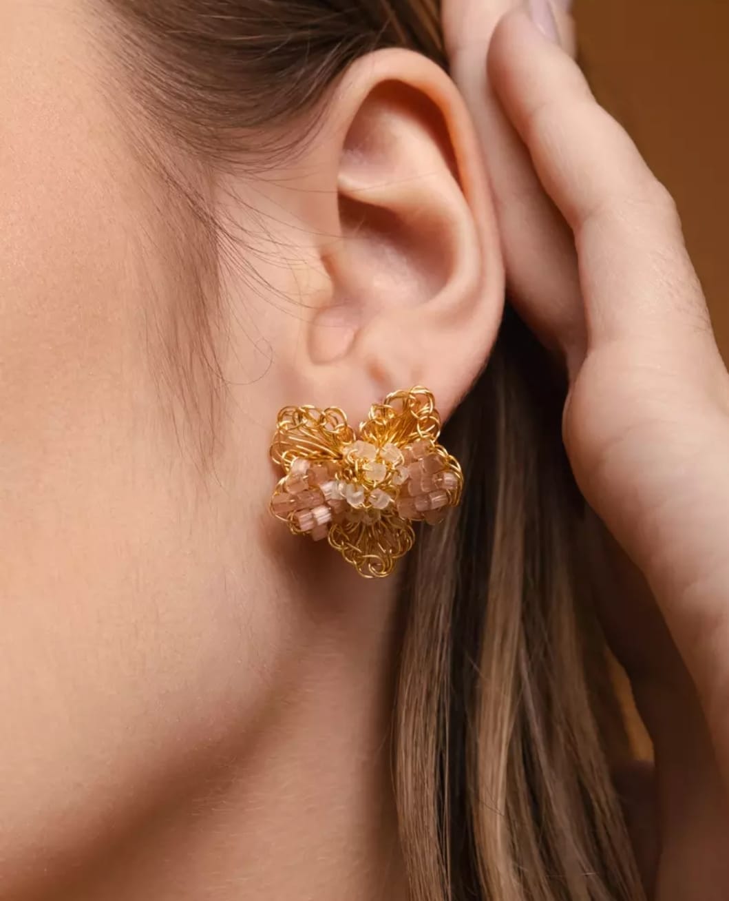 Magnolia Earrings – Handmade Nude &amp; Gold Crochet Design