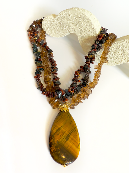 Triple Gemstone Statement Necklace - Handmade &amp; Adjustable