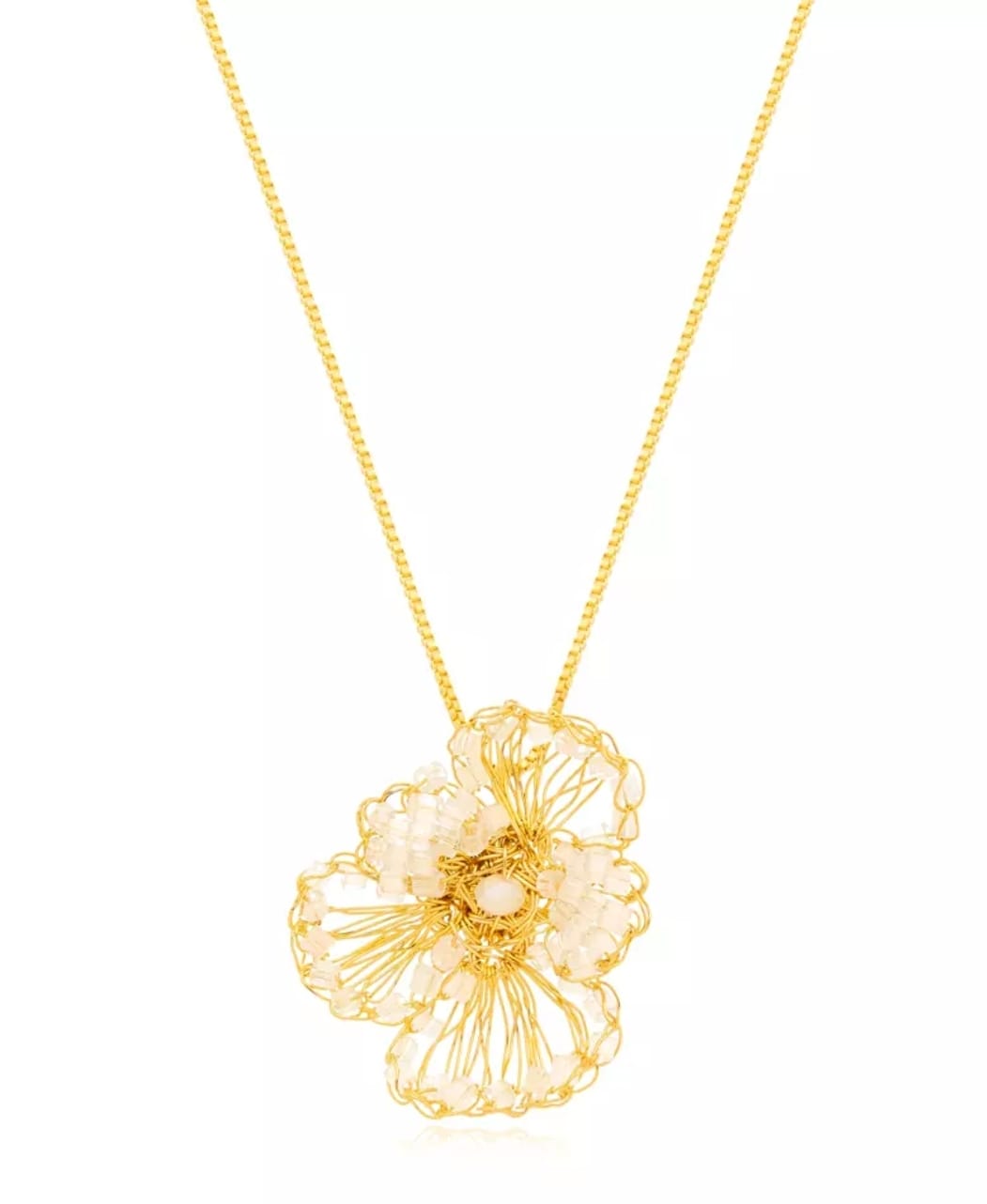 Golden Crystal Whisper Necklace – Handmade 18K Gold-Plated Crochet Design