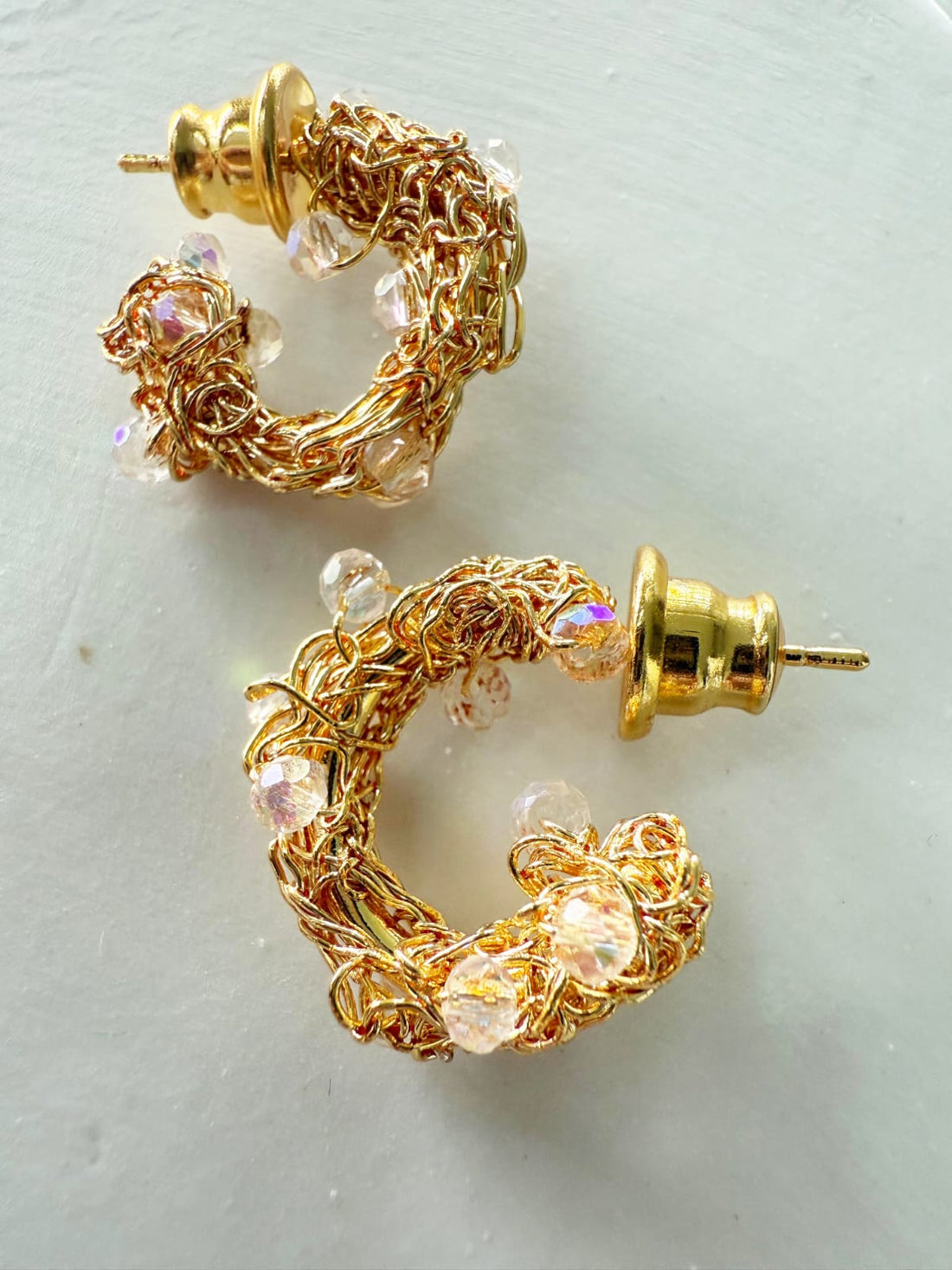 Crystal Mirage Gold Hoops – Handmade 18K Gold-Plated Crochet Earrings with Clear Crystal Details