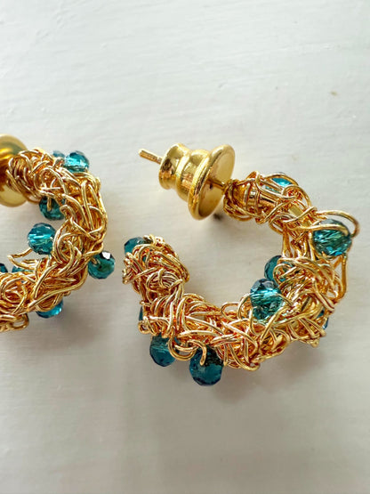 Azure Mirage Gold Hoop – Handmade 18K Gold-Plated Crochet Earrings with Blue Crystal Details