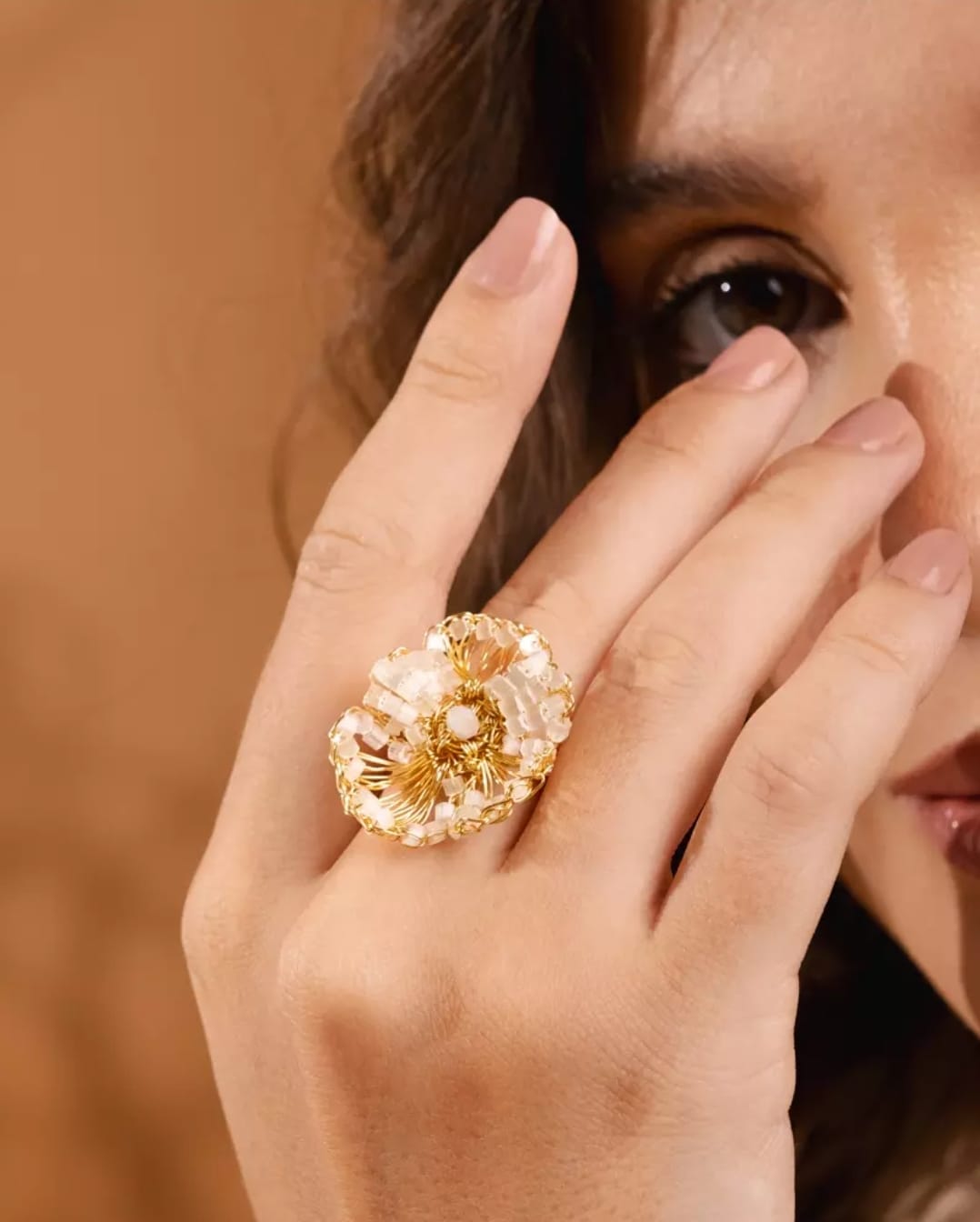 Golden Crystal Whisper Handmade Ring – 18K Gold-Plated Artisan Design