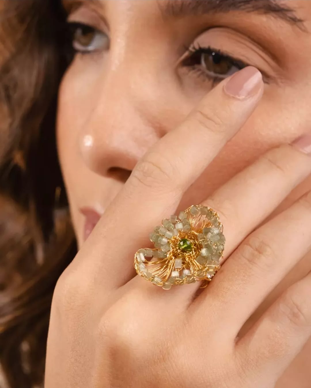 Mint &amp; Gold Whisper Handmade Ring – 18K Gold-Plated Artisan Design