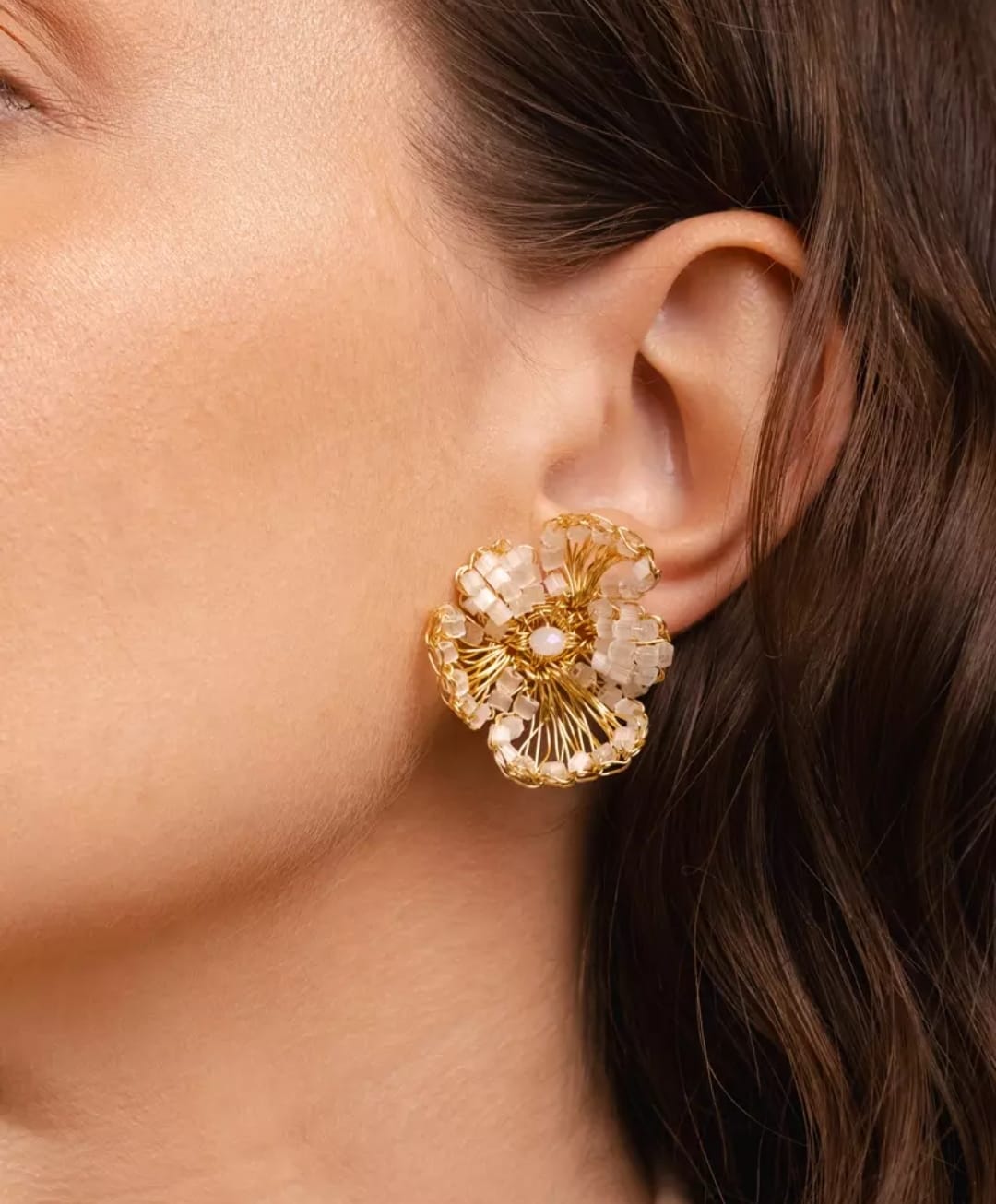 Golden Crystal Whisper Earrings – Handmade 18K Gold-Plated Crochet Design
