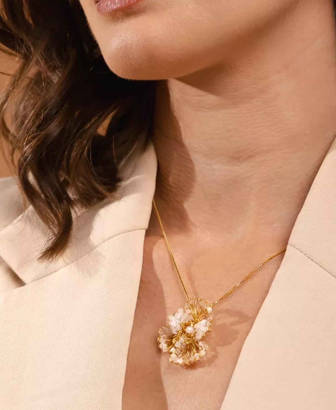 Golden Crystal Whisper Necklace – Handmade 18K Gold-Plated Crochet Design