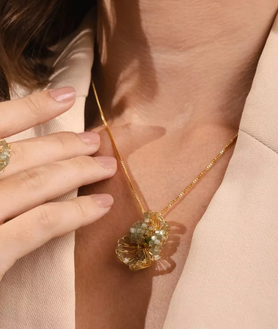 Mint Crystal Whisper Necklace – Handmade 18K Gold-Plated Crochet Design