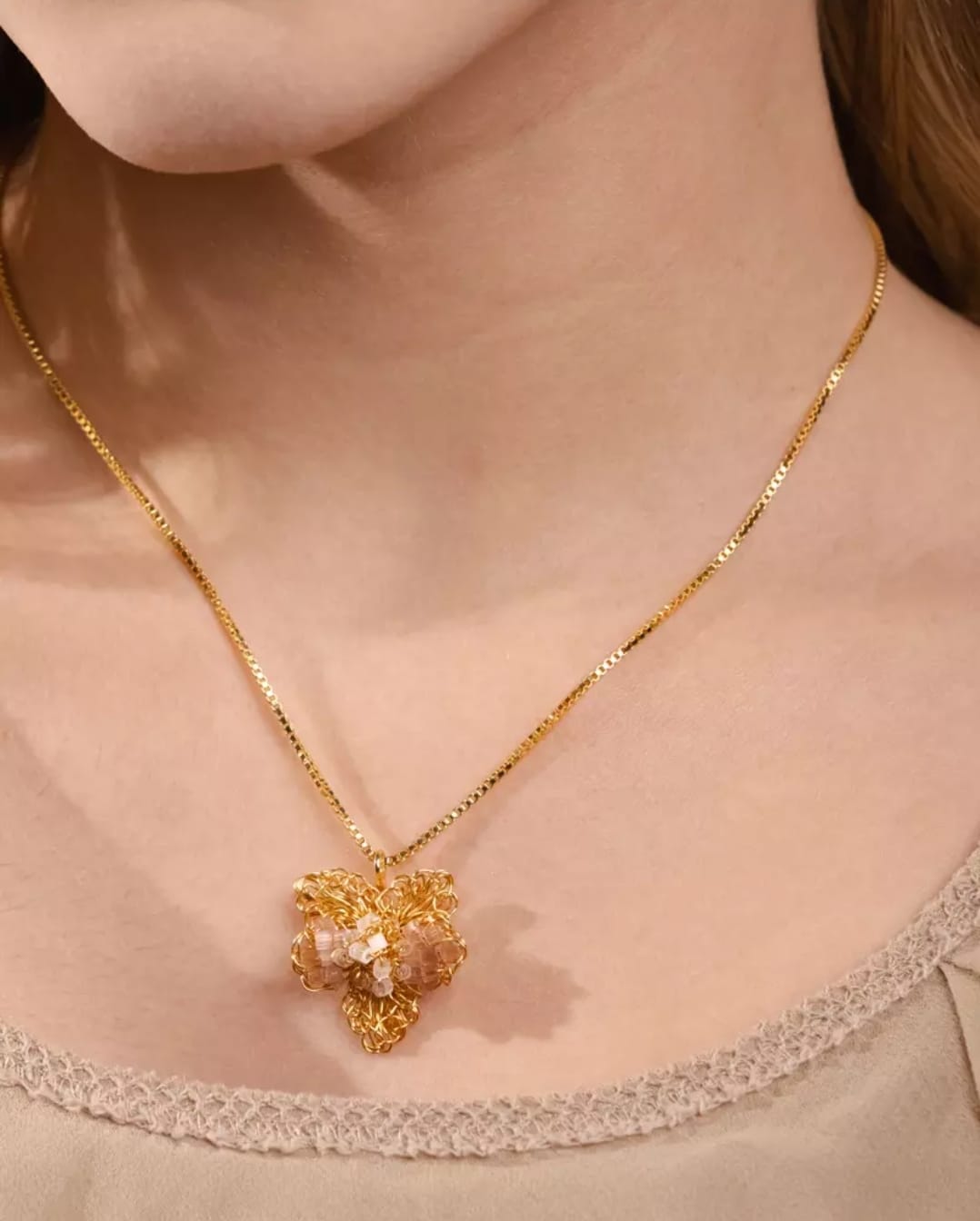 Magnolia Nude &amp; White Gold Necklace – Handmade 18K Gold-Plated Jewelry