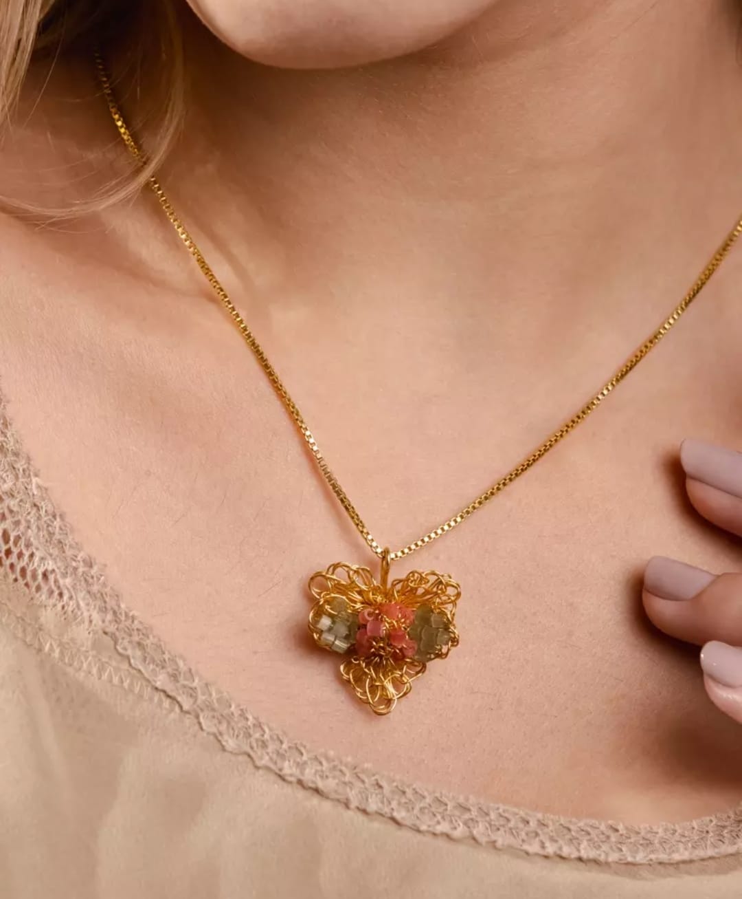 Magnolia Necklace – Handmade Mint, Blush &amp; Gold Crochet Design