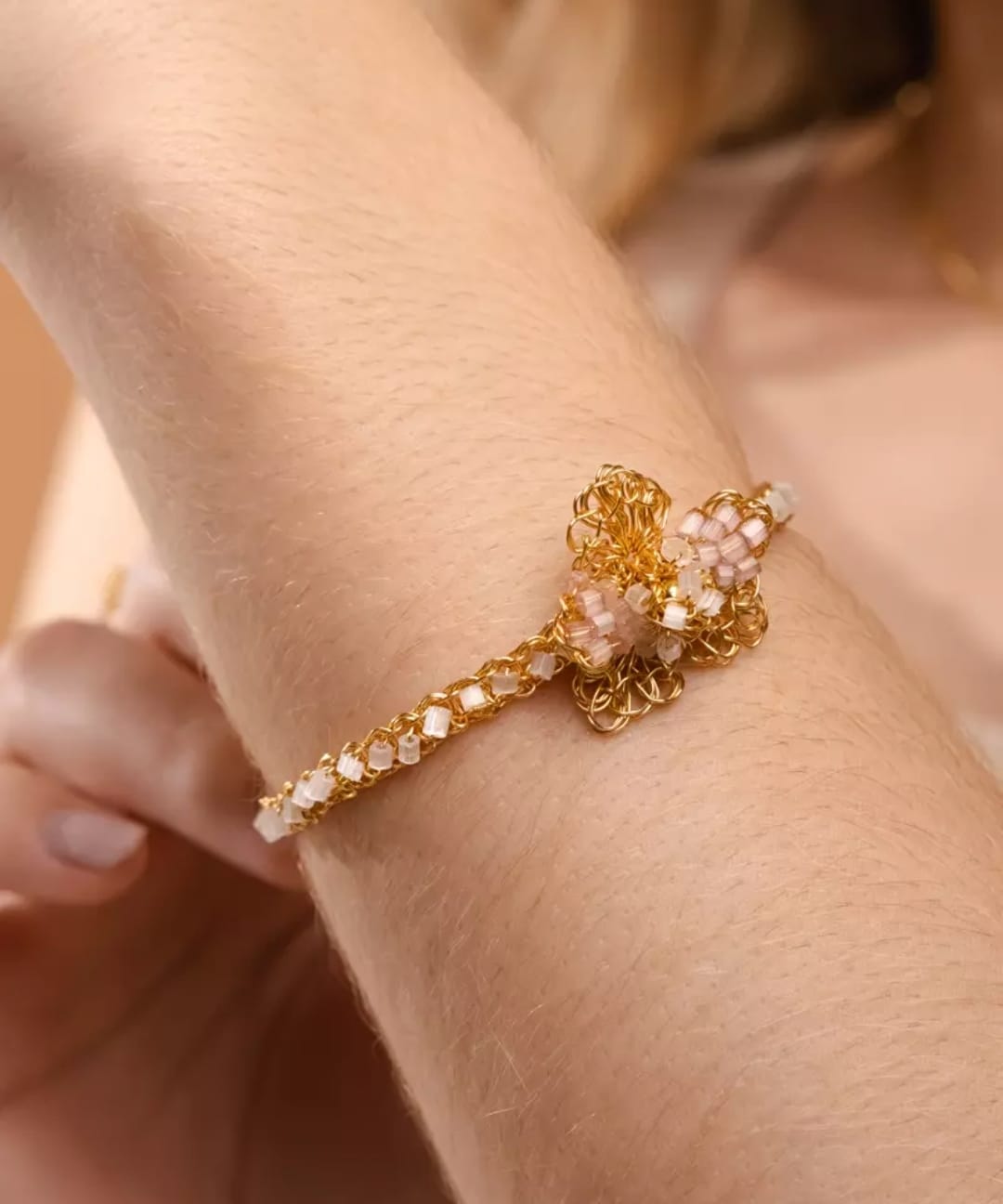 Magnolia Nude &amp; White Gold Bracelet – Handmade 18K Gold-Plated Jewelry