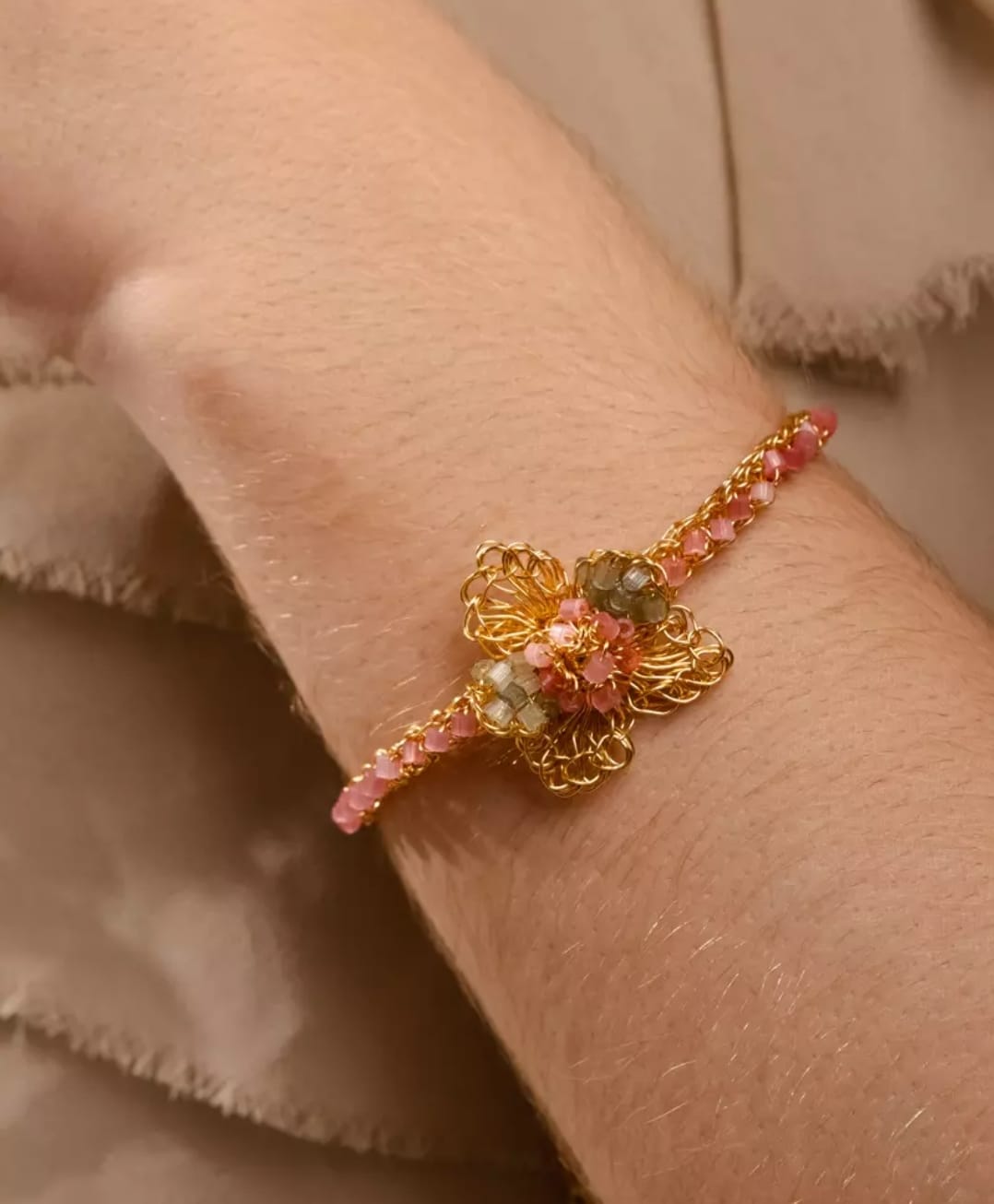 Magnolia Bracelet – Handmade Mint, Blush &amp; Gold Crochet Design