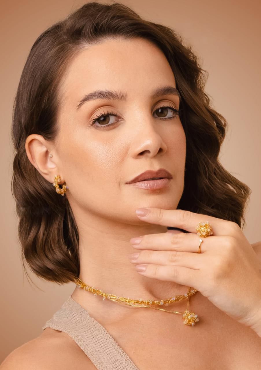 Crystal Mirage Gold Hoops – Handmade 18K Gold-Plated Crochet Earrings with Clear Crystal Details