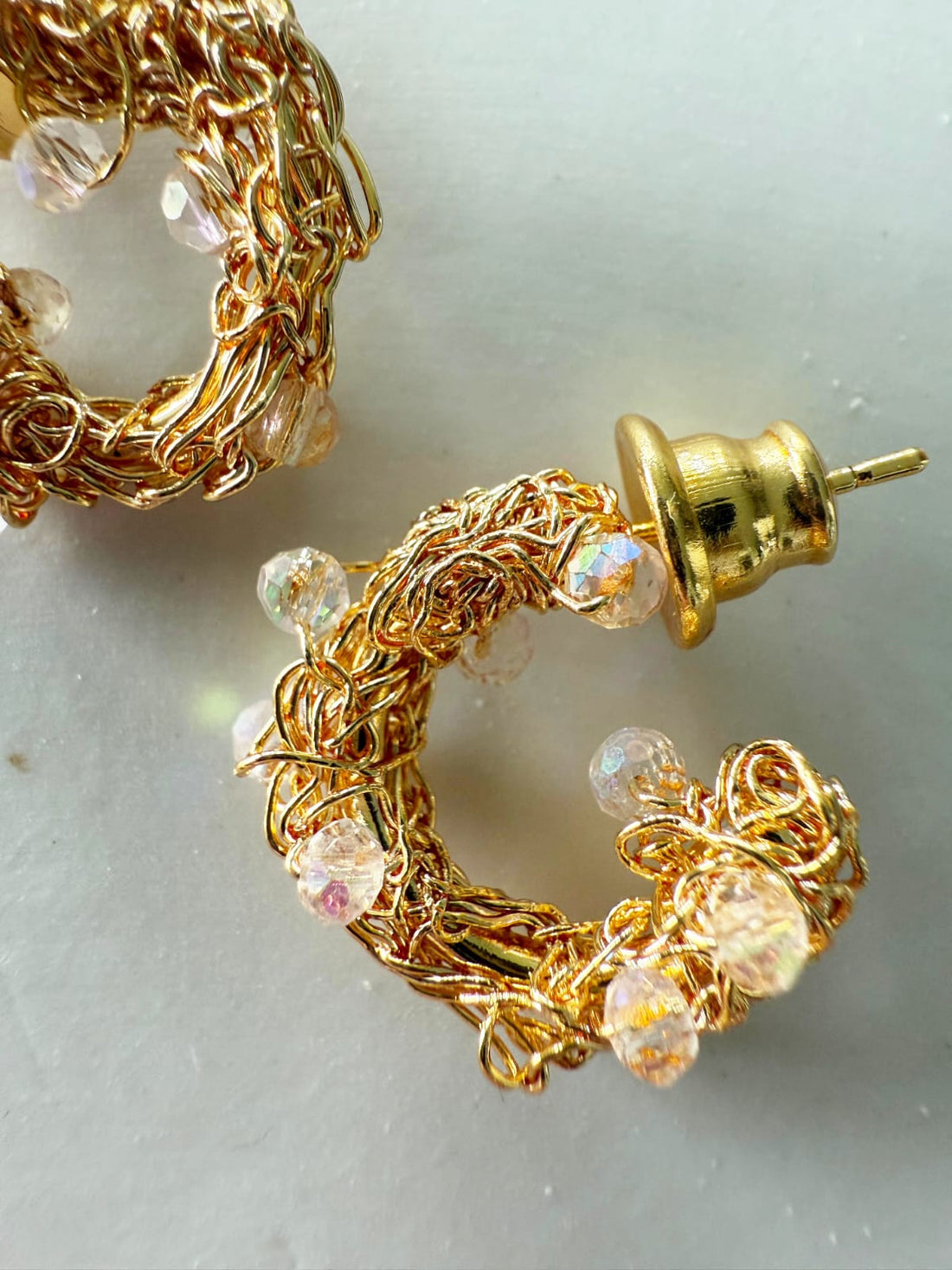 Crystal Mirage Gold Hoops – Handmade 18K Gold-Plated Crochet Earrings with Clear Crystal Details
