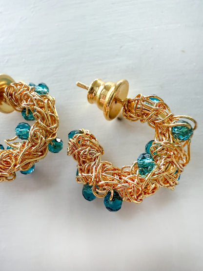 Azure Mirage Gold Hoop – Handmade 18K Gold-Plated Crochet Earrings with Blue Crystal Details
