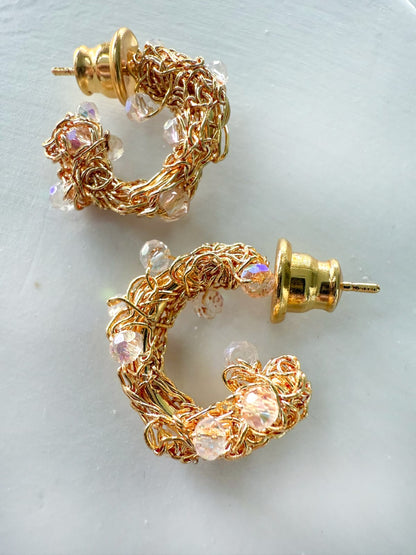 Crystal Mirage Gold Hoops – Handmade 18K Gold-Plated Crochet Earrings with Clear Crystal Details